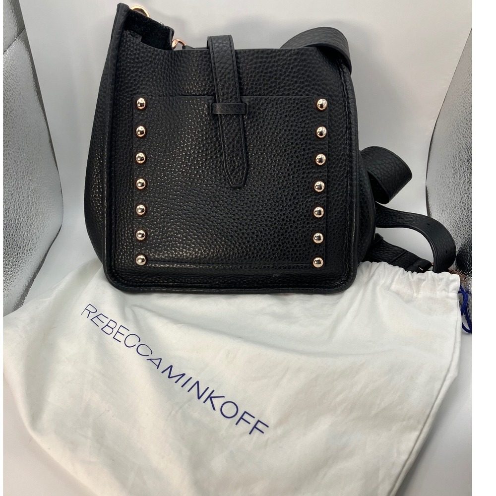 Rebecca‎ Minkoff Black Pebbled Leather Studded Crossbody Bucket Bag Rose Gold